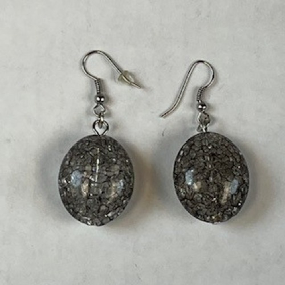 Grey Mosaic Crackle Oval Dangle Earrings Silver Tone‎ Fishhook Drop Earrings